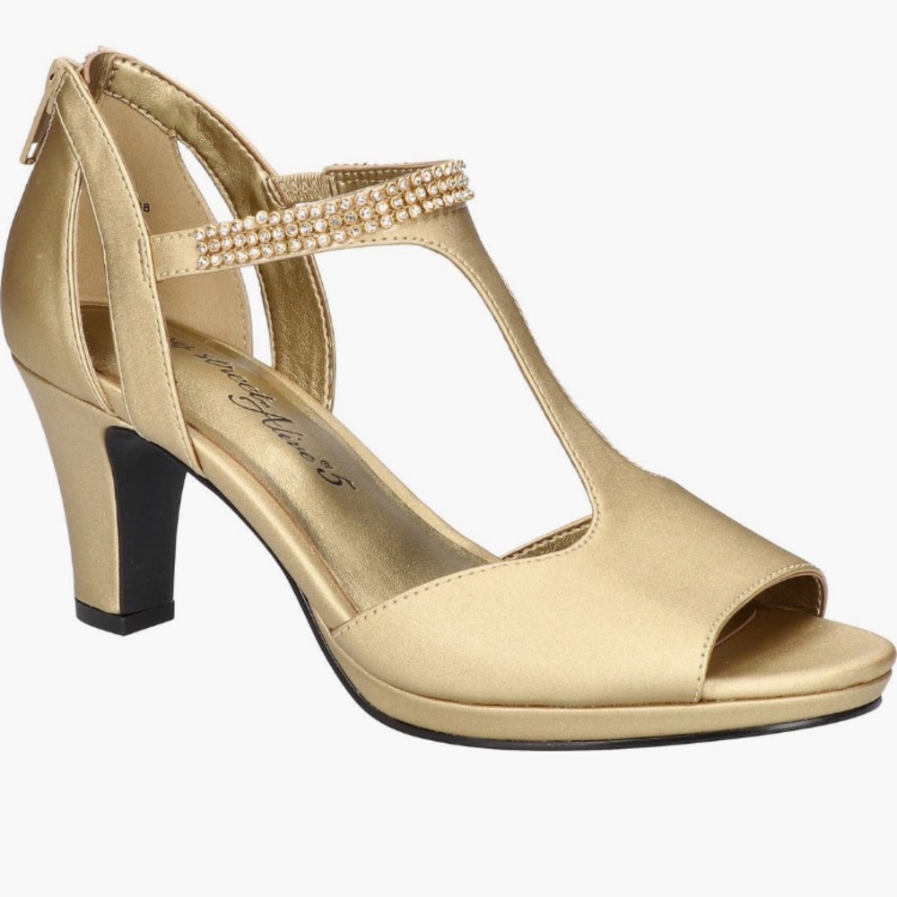 Easy Street Gold Strappy open toe Heels with a T- strap design